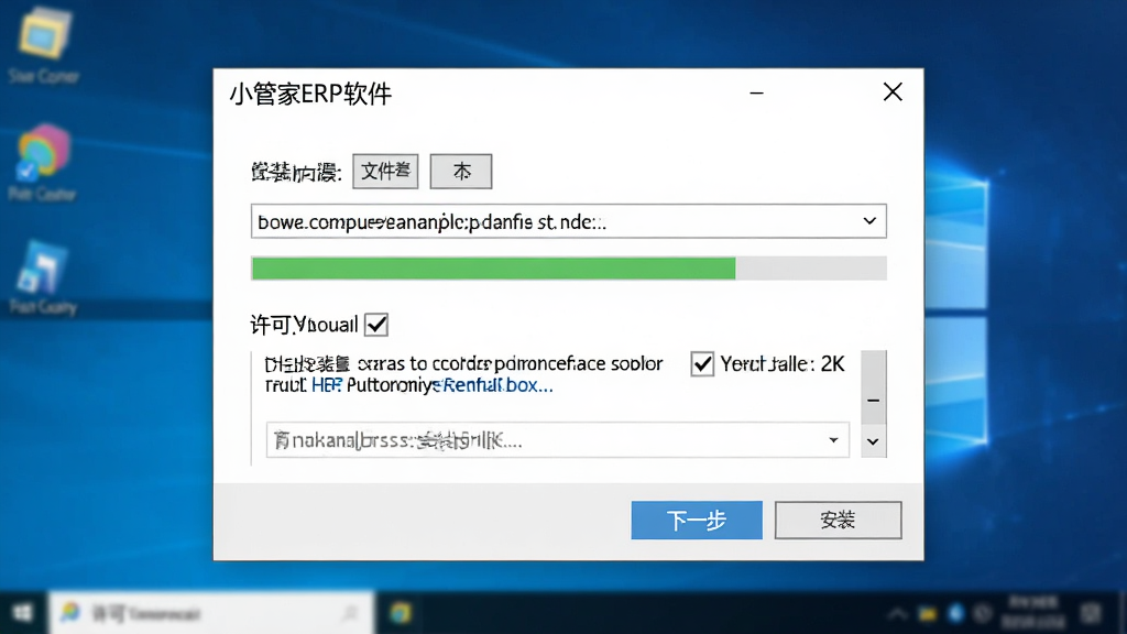 主体是小管家ERP软件的安装向导界面截图风格插画,布局为居中弹窗式构图,排版上显示“下一步”按钮和安装进度条,风格为简洁的Windows桌面软件安装界面风格,细节上包含文件夹路径选择和许可协议勾选框,画质为高清2K,干净无多余元素。