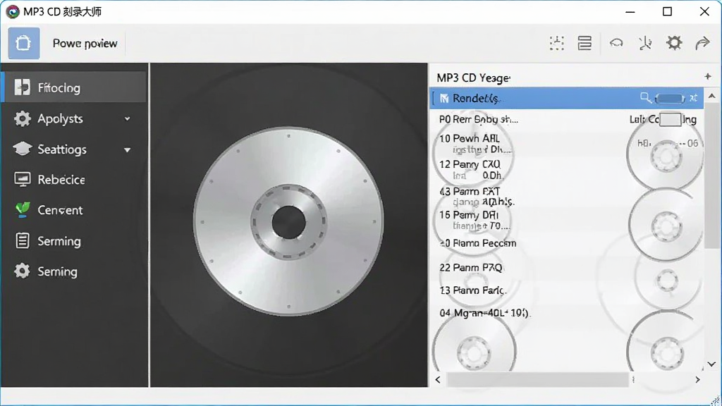MP3 CD 刻录大师软件主界面预览图,画面中央展示软件窗口,左侧为功能导航栏,右侧为刻录任务列表,整体布局清晰,风格简洁现代,画质干净,无多余元素