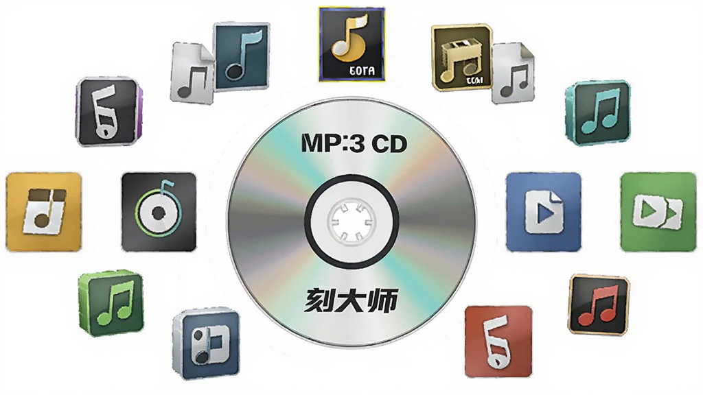 MP3 CD 刻录大师多格式音频刻录功能展示图,画面中多种音频格式图标围绕光盘排列,风格科技感强,布局对称,画质清晰,干净无多余元素