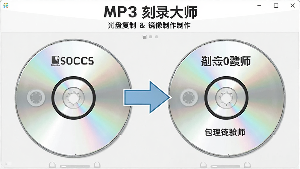 MP3 CD 刻录大师光盘复制与镜像制作界面图,画面中源光盘与目标光盘并列显示,中间有复制箭头,风格简洁商务,画质清晰,干净无多余元素