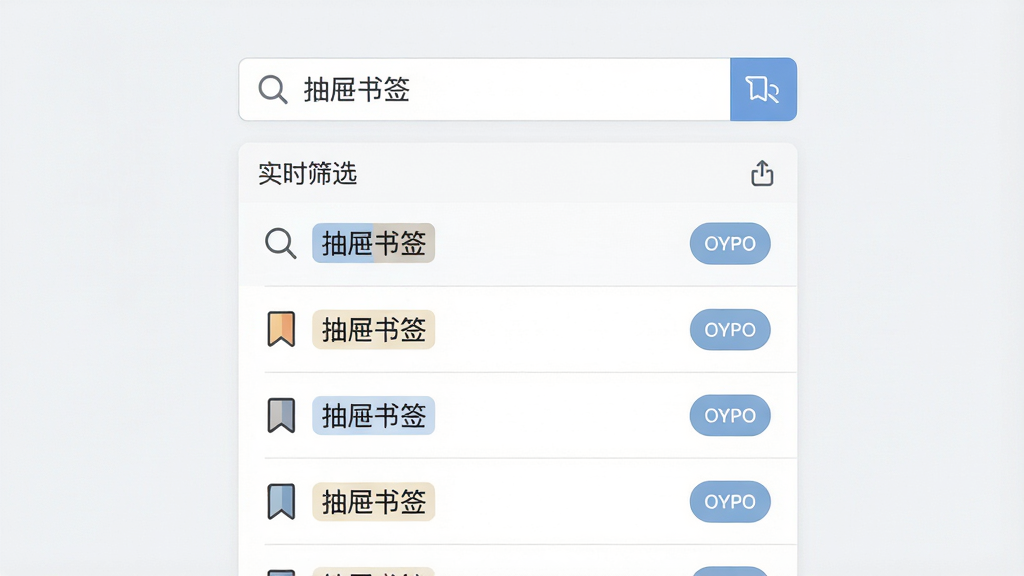 一个名为“抽屉书签”的搜索功能界面,主体是搜索框和下方实时筛选出的书签列表,布局为顶部搜索栏加纵向结果列表,排版整齐,风格为极简浅色商务风,细节包含放大镜图标、高亮匹配文字、书签小图标和打开按钮,画质高清,画面干净,无多余元素。