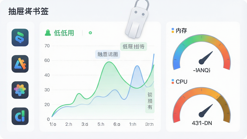 一个名为“抽屉书签”的性能监控示意图,主体是软件图标与资源占用曲线,布局为左侧软件图标、右侧内存和CPU占用仪表盘,排版简洁,风格为科技感浅色数据可视化,细节包含低占用绿色标识、流畅曲线和轻量标签,画质高清,画面干净,无多余元素。
