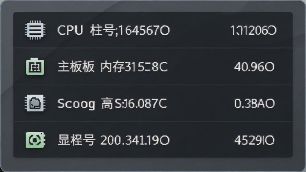 一张展示电脑硬件信息识别界面的AI生成图片,画面中央是一块信息面板,上面列出CPU型号、主板芯片组、内存容量、显卡型号等条目,每条信息前带有小图标,布局整齐规范,风格商务简洁,细节上文字清晰可辨,画质干净,无多余元素