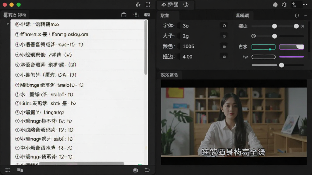 视频剪辑软件字幕编辑面板,画面左侧为语音转写文字列表,右侧为字幕样式调节选项,包括字体、大小、颜色、描边等参数,预览窗口中显示一段带有中文字幕的视频画面,整体布局清晰,画质干净