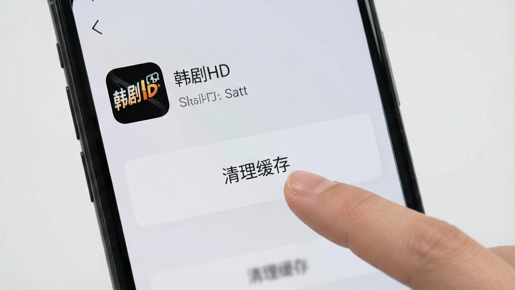一张展示手机清理缓存界面的图片,画面中显示“韩剧HD”应用的设置页面,手指正在点击“清理缓存”按钮,背景为浅灰色,界面简洁,干净无多余元素