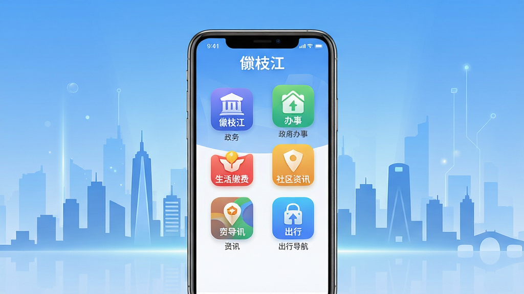 睐枝江APP主界面全貌展示,画面中央是一部智能手机,屏幕上清晰呈现睐枝江应用首页,包含政务办事、生活缴费、社区资讯、出行导航等彩色功能图标,背景为枝江城市剪影与淡蓝色渐变,布局简洁大气,风格现代科技感,细节包含圆角图标和清晰文字标注“睐枝江”,画质高清,干净无多余元素