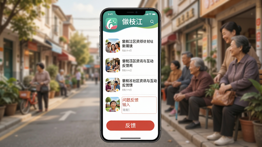 睐枝江社区资讯与互动反馈界面,手机屏幕显示新闻列表和问题反馈输入框,背景为社区街道与居民生活场景虚化,风格温暖亲民,细节包含“睐枝江”应用图标和红色反馈按钮,画质清晰,干净整洁