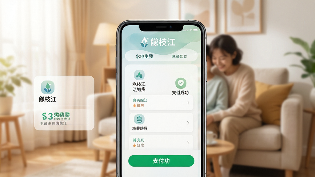 睐枝江生活缴费页面展示,手机屏幕呈现水电燃气缴费选项与支付成功界面,界面配色柔和,图标清晰,背景为温馨家庭场景虚化,风格亲切实用,细节包含“睐枝江”文字标识和绿色支付按钮,画质明亮,干净无多余元素