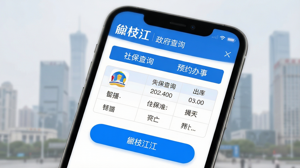 睐枝江政务办事功能界面特写,手机屏幕显示社保查询与预约办事页面,表格清晰,按钮醒目,背景为淡灰色虚化城市建筑,风格清新商务,细节包含“睐枝江”应用logo和蓝色主色调,画质清晰,干净无杂乱元素