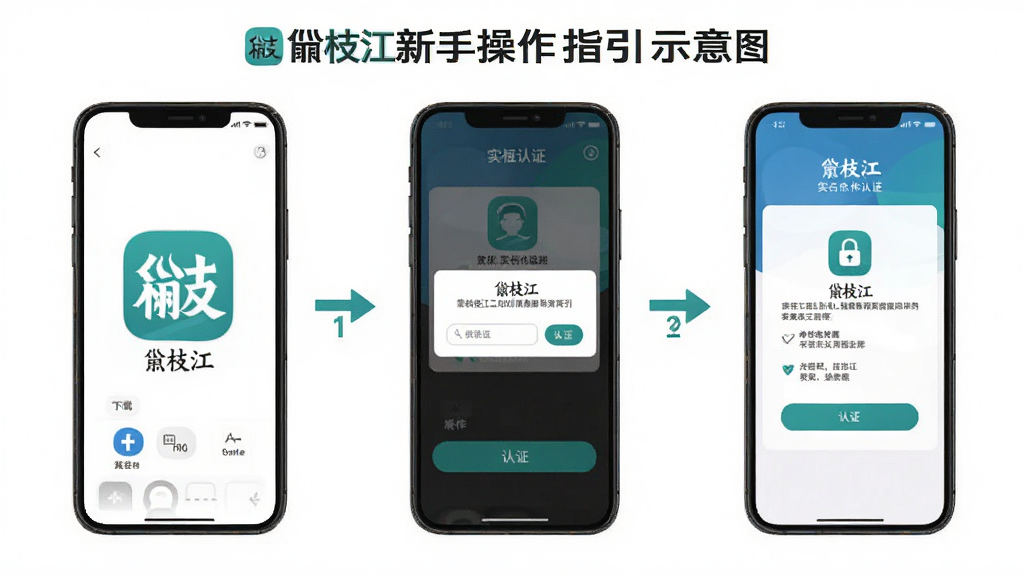 睐枝江新手操作指引示意图,画面展示手机屏幕从下载安装到实名认证的步骤分解,包含应用图标、权限弹窗、认证界面等元素,布局清晰有序,风格扁平化教学图解,细节包含“睐枝江”文字和步骤编号,画质干净,无多余装饰