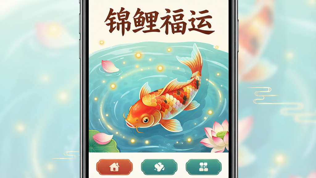 一张手机屏幕展示锦鲤福运软件主界面,画面中央是一条色彩鲜艳的锦鲤在清澈水池中游动,周围漂浮着金色光点和莲花花瓣,界面顶部显示
