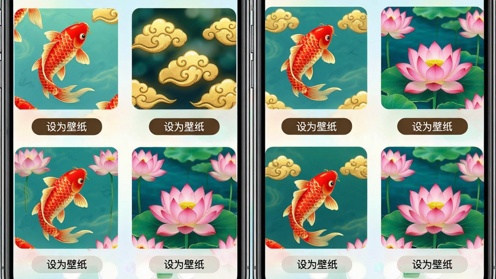 手机桌面壁纸展示界面,屏幕中显示多张锦鲤福运主题壁纸缩略图,包括红色锦鲤、金色祥云、粉色莲花等图案,每张缩略图下方有