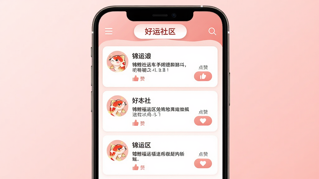 锦鲤福运社区互动界面,手机屏幕显示用户发布的动态列表,每条动态配有锦鲤图案头像、文字内容和点赞按钮,顶部有
