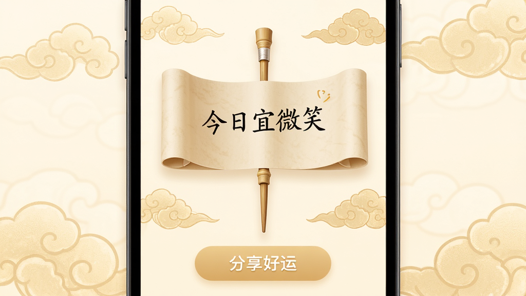 锦鲤福运每日福签界面,手机屏幕中央展示一支展开的竹签,签文写着