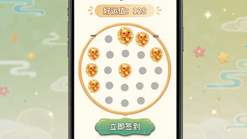 锦鲤福运签到页面,手机屏幕中央显示一个圆形签到日历,已签到的日期标记为金色锦鲤图标,未签到的日期为灰色圆点,屏幕上方显示