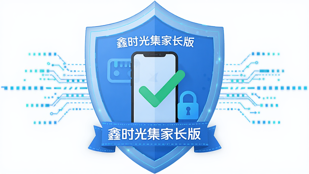 一张信息图表风格的插图,主体是一个盾牌形状的安全图标,盾牌内部显示手机屏幕和打卡对勾,布局为居中对称,风格为科技感扁平化设计,细节上盾牌周围有数据流线条和“鑫时光集家长版”文字标识,画质高清,干净,无多余元素