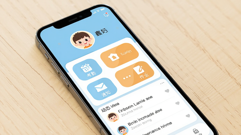 一张展示鑫时光集家长版软件界面的手机模型图,主体为一部竖屏智能手机,屏幕中显示幼儿园家园共育APP的主页,布局上方是孩子头像与姓名,中间是功能图标网格包括考勤、相册、通知、作业,下方是动态消息列表,排版整洁清晰,风格为现代扁平化UI设计,细节上图标圆润、配色以天蓝与暖橙为主,画质高清,干净,无多余元素