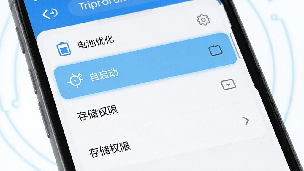 一张展示手机设置界面的插图,主体为手机屏幕显示应用权限管理页面,布局为垂直列表,风格为简洁科技风,细节上高亮显示“电池优化”“自启动”“存储权限”等选项,画质高清,干净,无多余元素
