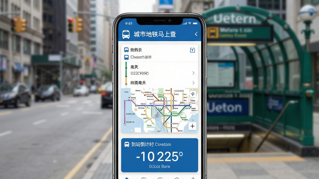 一张展示城市公共交通查询的手机应用界面概念图,画面主体是一部智能手机,屏幕中显示公交地铁马上查的首页,包含公交线路列表、地铁线路图和到站倒计时信息,背景是虚化的城市街道与地铁站入口,整体布局居中,风格现代简洁,细节包括蓝色与白色的主色调、清晰的图标和数字,画质高清,画面干净,无多余元素