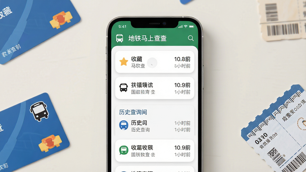 一张展示收藏与历史记录功能的AI生图,画面主体是手机屏幕,屏幕中显示公交地铁马上查的收藏列表和历史查询记录,每条记录旁有星标图标和时间戳,背景是简洁的浅色桌面,布局为手机居中、周围散落少量公交卡和地铁票元素,风格清新简约,细节包括圆角卡片和柔和阴影,画质高清,干净整洁