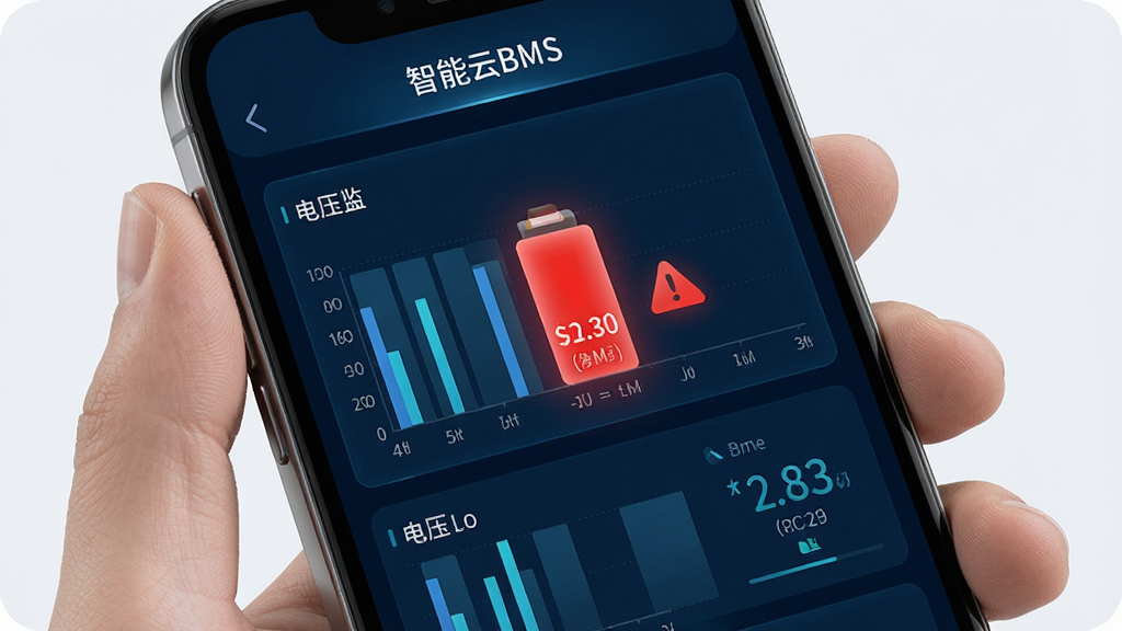 手机屏幕特写,显示“智能云BMS”实时监控页面,画面中有多节电芯电压条形图,其中一节标红闪烁,旁边有警告图标,背景为深色科技蓝,屏幕外有一只手拿着手机,风格为写实产品渲染,细节包含清晰的数字读数与单位,画质高清,干净,无多余元素