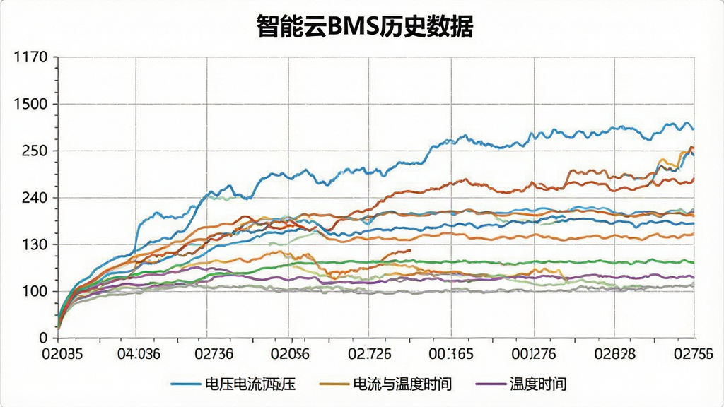 一张数据图表展示画面,标题为“智能云BMS历史数据”,图表中包含多条彩色曲线分别代表电压、电流与温度随时间的变化,横轴为日期,纵轴为数值,背景为白色网格,图表下方有图例标注,整体风格为简洁商务信息图,细节清晰,画质高清,干净,无多余元素