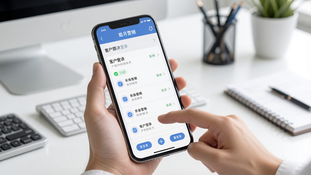 皓月营销移动端使用场景示意图,画面展示一只手握持手机操作皓月营销应用,屏幕显示客户跟进列表,背景为简洁的办公桌面环境。风格写实清新,排版以手机为视觉中心,细节清晰,画质高清,无多余杂乱元素。