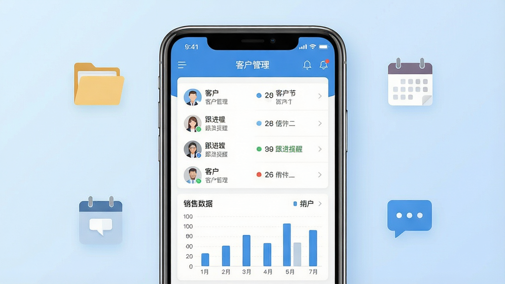 一张展示皓月营销手机应用主界面的产品预览图,画面中央是一部竖屏智能手机,屏幕内显示客户管理仪表盘,包含客户列表、跟进提醒和销售数据图表。背景为浅蓝色渐变,周围点缀简约的办公元素图标如文件夹、日历、聊天气泡。整体风格清新商务,布局居中对称,排版干净利落,细节清晰锐利,画质高清,无多余杂乱元素。