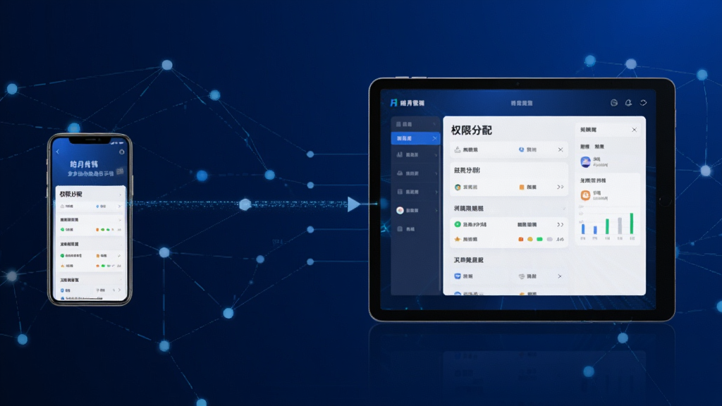 皓月营销多端协同功能示意图,画面展示手机与平板设备之间的数据同步连接,屏幕内显示权限分配面板。背景为深蓝色科技感渐变,点缀简洁的网络节点线条。风格商务大气,排版横向展开,细节清晰,画质高清,无多余元素。