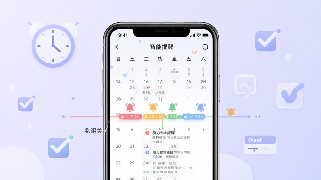 皓月营销智能提醒功能展示图,画面中央一部手机显示日历与待办提醒界面,标注有彩色时间轴和铃铛图标。背景为淡紫色渐变,点缀简洁的时钟和勾选符号。风格柔和清新,排版居中,细节清晰,画质高清,无多余装饰。