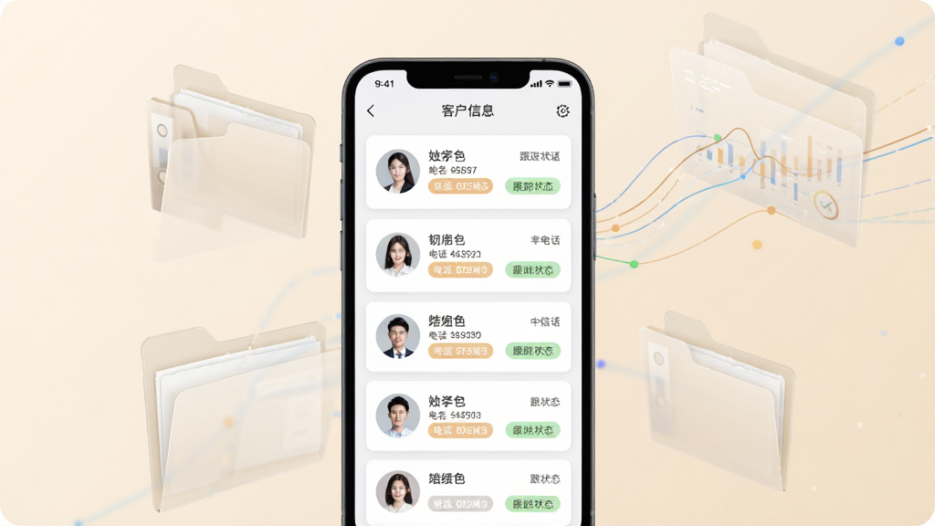 皓月营销客户档案管理界面展示图,画面中一部手机屏幕显示客户信息卡片列表,每张卡片包含头像、姓名、电话标签和跟进状态。背景为柔和米白色,四周环绕半透明的文件夹和数据线条装饰。风格简约现代,排版纵向排列,细节精致,画质高清干净,无杂乱元素。