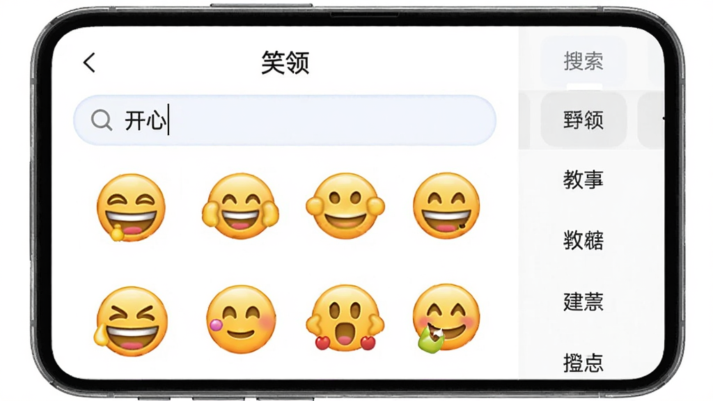 手机界面展示“笑领”应用的搜索栏,搜索框内显示“开心”关键词,下方列出多个匹配的笑脸表情结果,界面右侧有标签分类侧边栏,整体风格清新简约,背景为白色,无多余装饰,高清画质