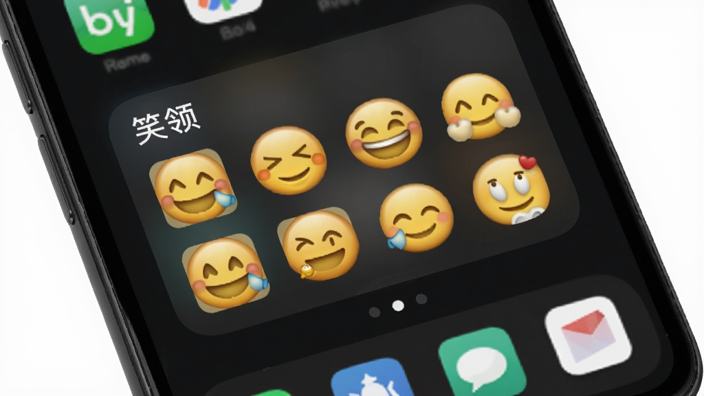 手机桌面展示“笑领”应用的小组件,小组件内显示多个笑脸表情快捷入口,桌面背景为深色主题,图标风格统一,整体画面干净利落,无多余元素,高清画质