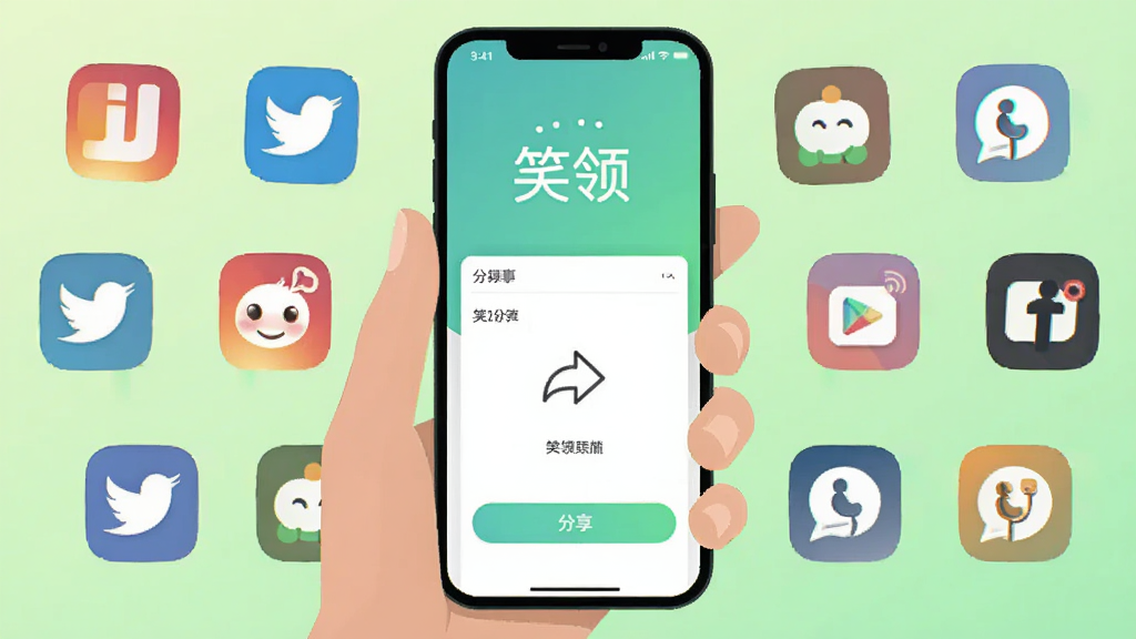 一只手拿着手机,手机屏幕显示“笑领”应用的分享界面,多个社交应用图标环绕在手机周围,背景为浅绿色渐变,扁平化设计风格,画面简洁明快,无多余元素,高清画质