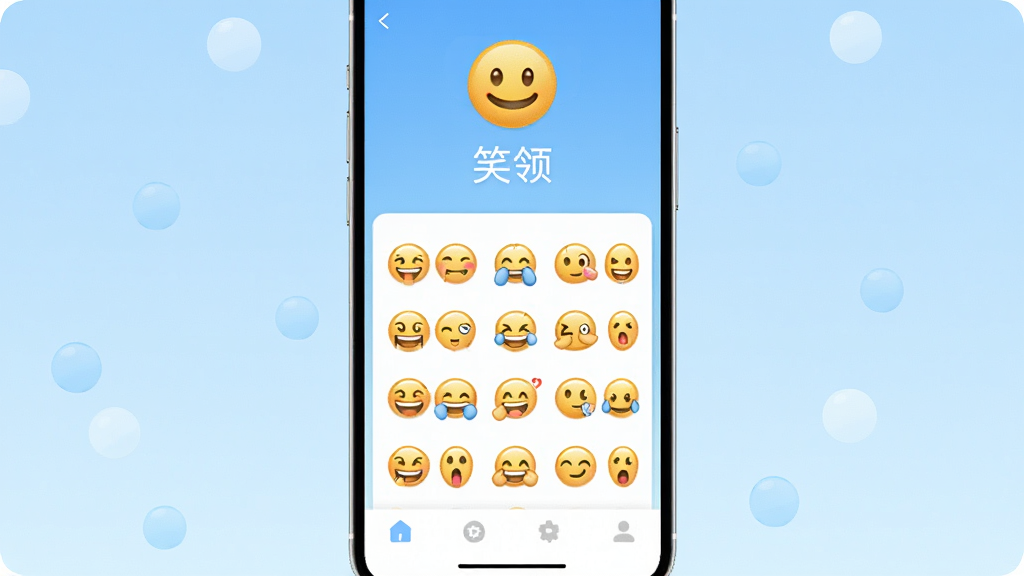 手机屏幕中央显示“笑领”应用界面,顶部有微笑表情图标,中间是整齐排列的表情包网格,底部有导航栏,背景为浅蓝色渐变,扁平化设计风格,界面干净简洁,无多余元素,高清画质