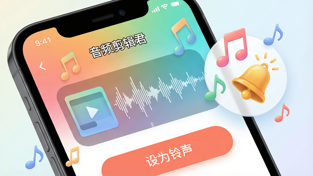 手机屏幕特写,显示“音频剪辑君”的铃声制作界面,界面中有歌曲波形和“设为铃声”按钮,旁边浮动展示音符与铃铛图标,风格为清新明快的UI展示风,细节包含渐变背景、圆角卡片、音符元素点缀,画质高清,干净,无多余元素