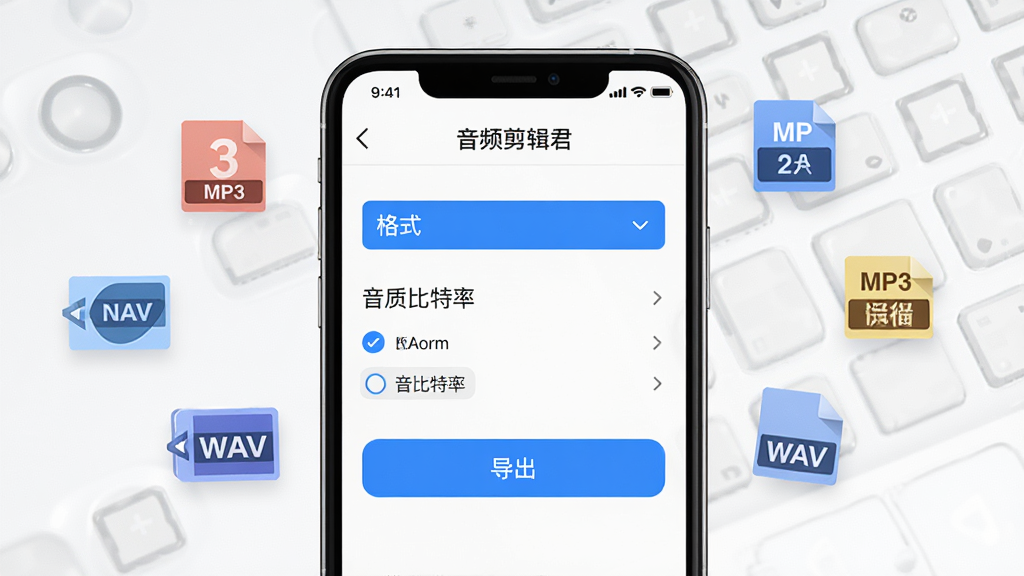 手机屏幕显示“音频剪辑君”的导出设置页面,页面上有格式选择下拉菜单、音质比特率选项和“导出”按钮,屏幕周围漂浮着MP3、WAV等格式标签图标,风格为简洁商务风,细节包含白色背景、蓝色按钮、格式标签清晰可辨,画质高清,干净,无多余元素