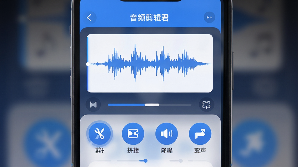 手机屏幕中央展示“音频剪辑君”软件界面,上方是音频波形图,下方排列着剪切、拼接、降噪、变声等功能图标,整体布局简洁清晰,风格为扁平化科技风,细节包含蓝色与白色主色调、圆角按钮、半透明面板,画质高清,干净,无多余元素