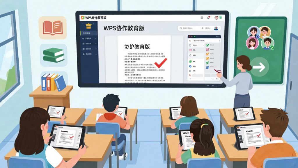 画面展示一间数字化教室场景,前方大屏幕显示“WPS协作教育版”界面,下方多名学生使用平板电脑查看同一份作业文档,教师端显示批改界面,布局采用教室俯视角度,风格为清新教育插画,细节包括课桌、书本图标、批改红勾、班级群组头像,画面明亮整洁,画质清晰,无多余元素