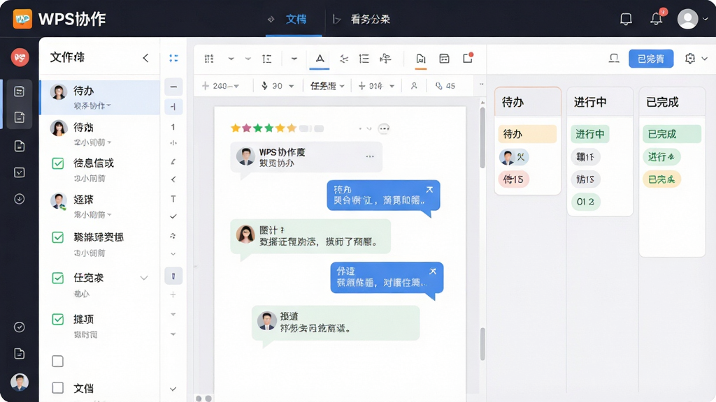 画面展示一个团队工作台界面,左侧为文档列表,中间为文档编辑区带有评论气泡,右侧为任务看板显示“待办”“进行中”“已完成”三列,顶部有“WPS协作”标志,布局采用三栏式信息架构,风格为清爽商务扁平风,细节包括勾选图标、用户头像、时间标签,画面整洁有序,画质高清,无多余元素