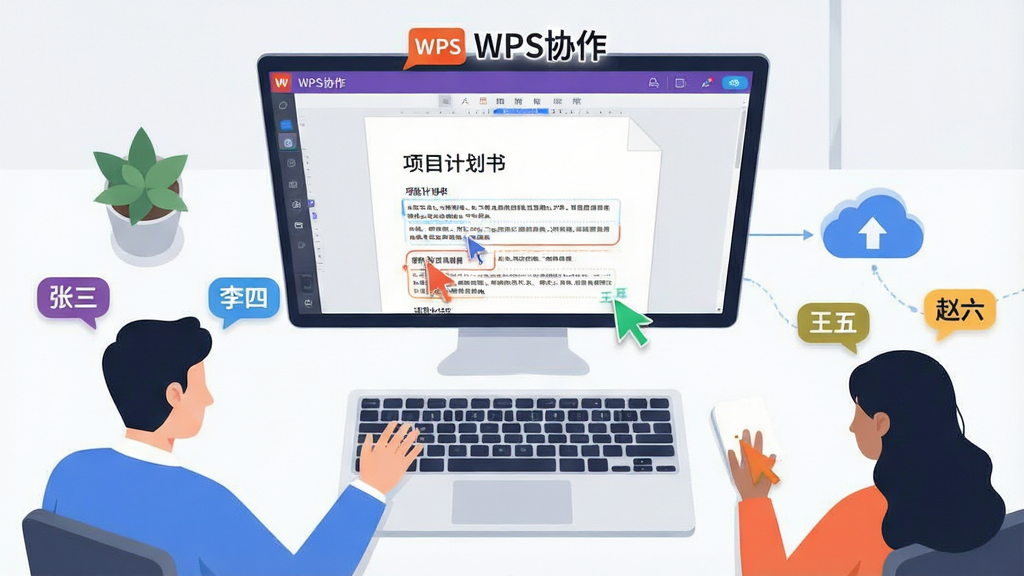 一张展示多人同时在线编辑同一份文档的场景图,画面中有四个不同颜色的光标分别标注“张三”“李四”“王五”“赵六”,文档内容为项目计划书,屏幕上方显示“WPS协作”文字标识,布局采用俯视桌面视角,风格为现代简约扁平插画,细节包括实时头像气泡、修订痕迹、云端同步图标,画面干净明亮,画质清晰,无多余元素