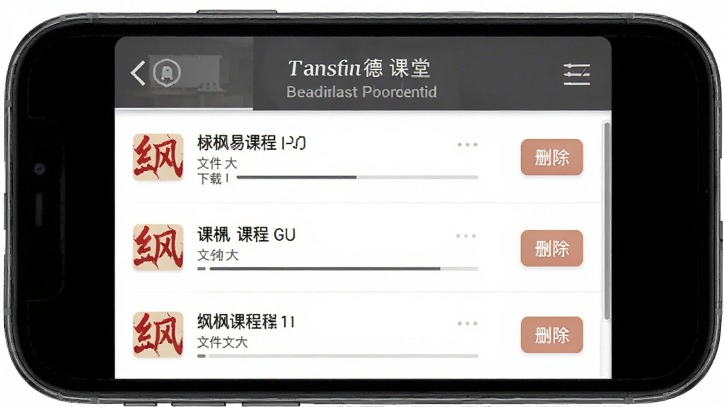 红枫易德课堂离线缓存功能界面,主体为手机屏幕显示下载管理页面,布局为列表式排列,排版规整,风格为工具类应用界面,细节包括已下载课程名称、文件大小、下载进度与删除按钮,画质清晰干净,无多余元素