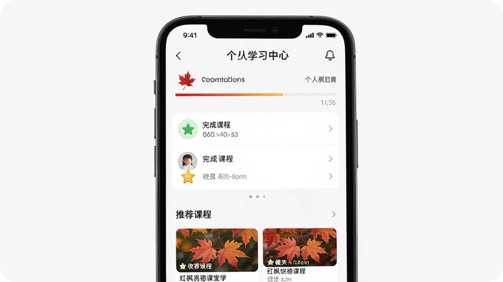 红枫易德课堂学习进度记录页面,主体为手机屏幕展示个人学习中心,布局为上下结构,排版清晰,风格为现代App个人中心设计,细节包括进度条、已完成课程列表、收藏夹入口与推荐课程模块,画质干净清晰,无多余元素