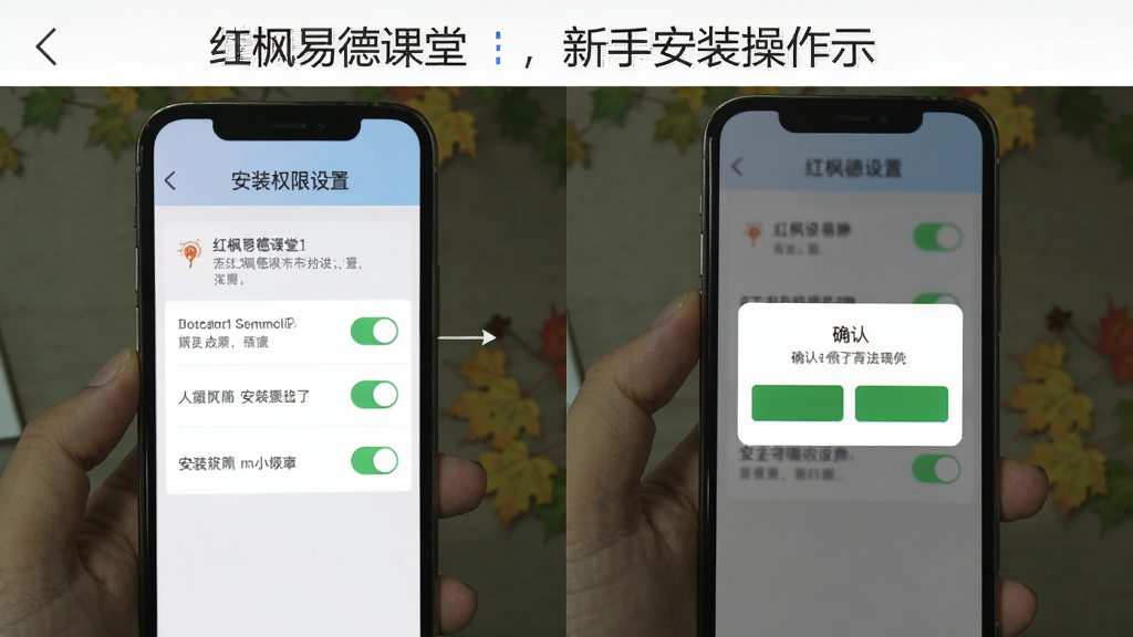 红枫易德课堂新手安装操作示意图,主体为手机屏幕展示安装权限设置页面,布局为上下分栏,排版简洁,风格为教程类截图,细节包括权限开关按钮、提示文字与确认对话框,画质清晰干净,无多余元素