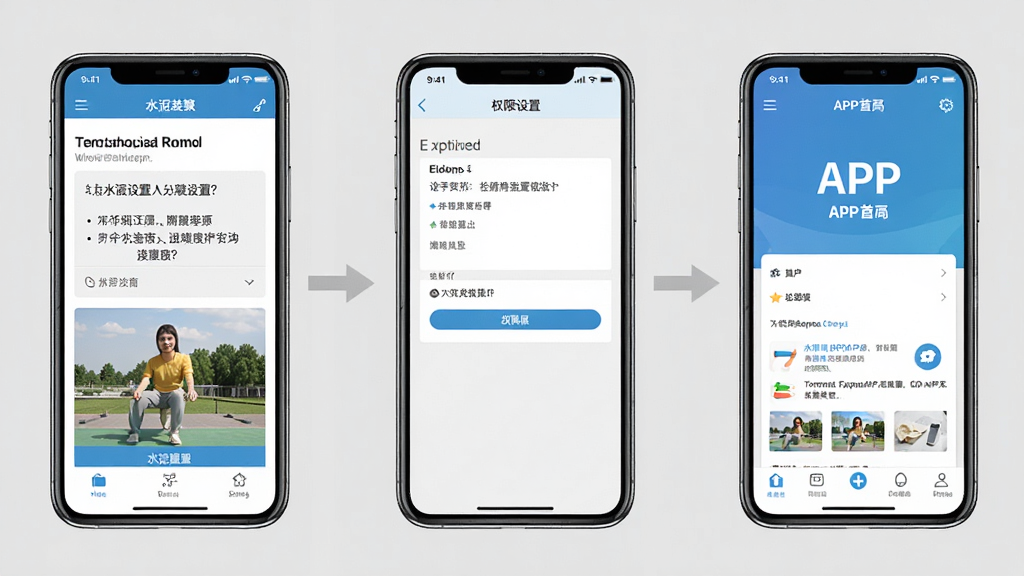 水泥网APP安装步骤示意图,画面展示三部手机并排,分别显示下载页面、权限设置页面和APP首页,背景为浅灰色,布局为横向排列,风格为教程步骤展示风格,细节上每部手机屏幕内容清晰,画质高清,干净,无多余元素