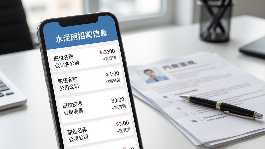 水泥网APP招聘信息页面,手机屏幕展示招聘岗位列表,包含职位名称、公司名称和薪资范围,界面简洁明了,背景为办公场景,桌面上有简历和笔,布局为手机居中偏左,风格为商务招聘类界面展示风格,细节上文字排版整齐,画质高清,干净,无多余元素