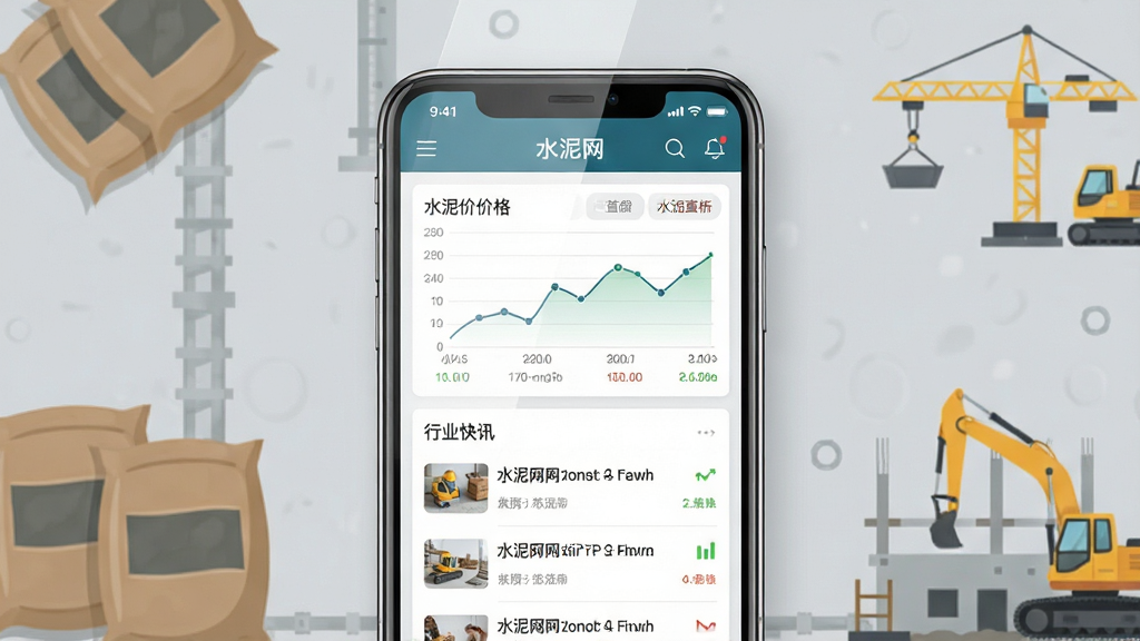 水泥网APP应用主界面展示,画面中央放置一部智能手机,手机屏幕显示水泥网APP首页,界面包含水泥价格走势图、行业快讯列表和导航栏,背景为浅灰色工业风,周围点缀水泥袋、建筑工地元素,整体布局简洁清晰,排版为居中构图,风格为现代扁平化UI展示风格,细节上手机屏幕有反光质感,画质高清,干净,无多余元素