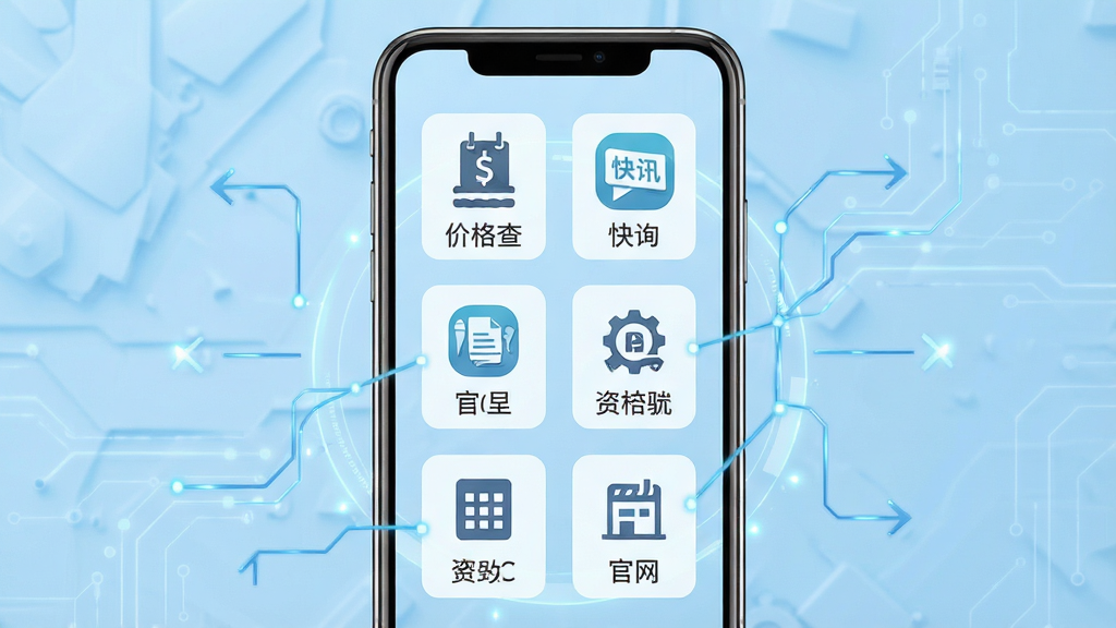 水泥网APP官网入口导航页面,手机屏幕显示功能导航网格,图标包括价格查询、快讯、招聘、官网等,背景为浅蓝色科技感底纹,周围有连接线元素表示快捷跳转,布局为手机居中,风格为扁平化图标设计展示风格,细节上图标简洁辨识度高,画质高清,干净,无多余元素