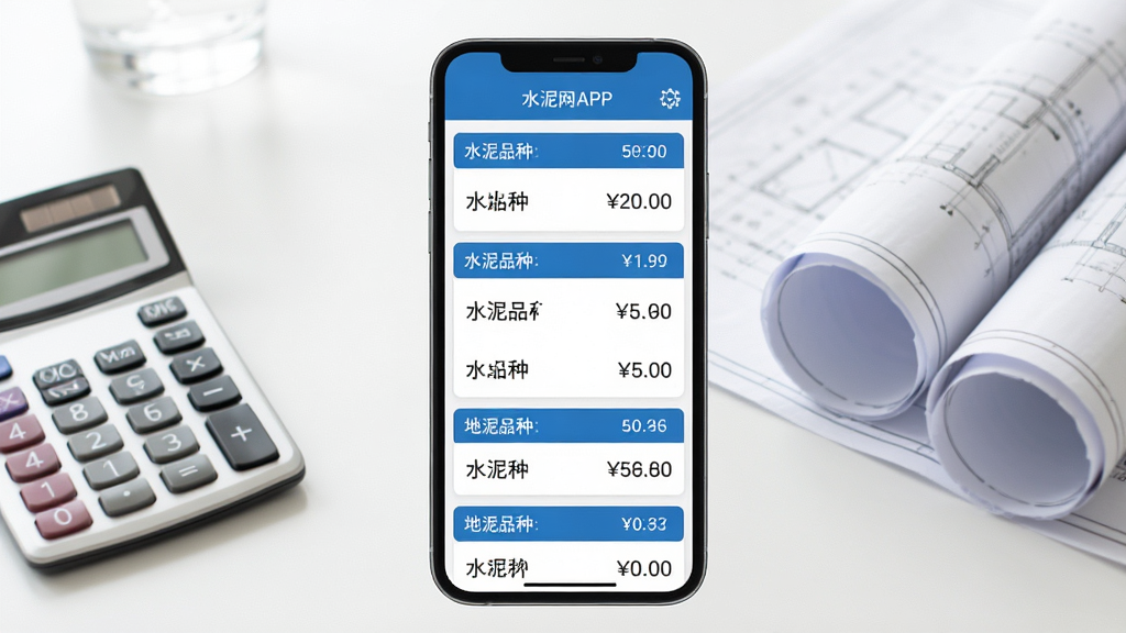 水泥网APP价格查询功能界面,一部手机竖屏展示水泥价格列表页面,页面中包含不同地区的水泥品种和对应价格数字,界面配色以蓝色和白色为主,背景为简洁的办公桌面,旁边放有计算器和工程图纸,布局为手机居中展示,风格为产品功能截图展示风格,细节上价格数字清晰可读,画质高清,干净,无多余元素