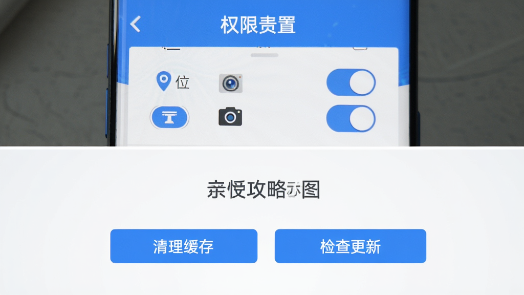 手机屏幕展示“数字贵阳”使用攻略示意图,画面分为上下两部分,上半部分是权限设置界面,显示定位、相机、存储等开关按钮,下半部分是清理缓存和检查更新的操作按钮,整体风格简洁明了,配色以蓝白灰为主,画质清晰,无多余元素